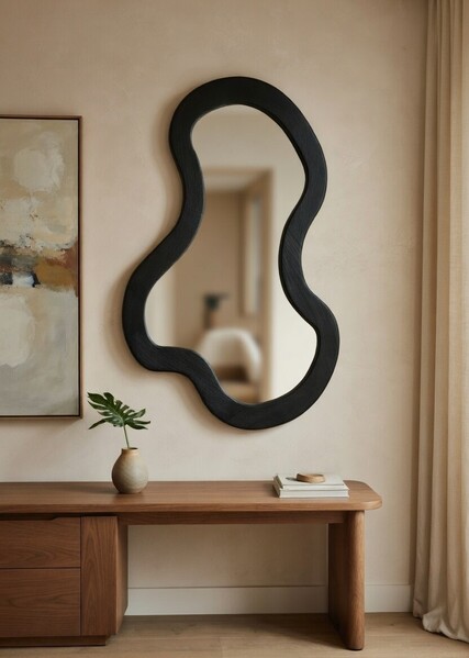 Modern Irregular Shape Wall Mirror with Wooden Frame
