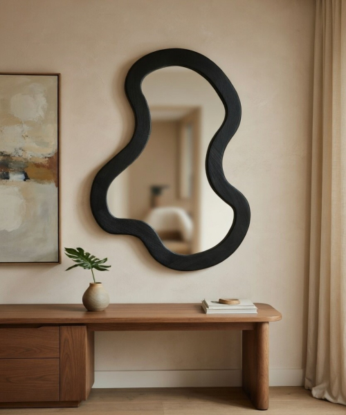 Modern Irregular Shape Wall Mirror with Wooden Frame